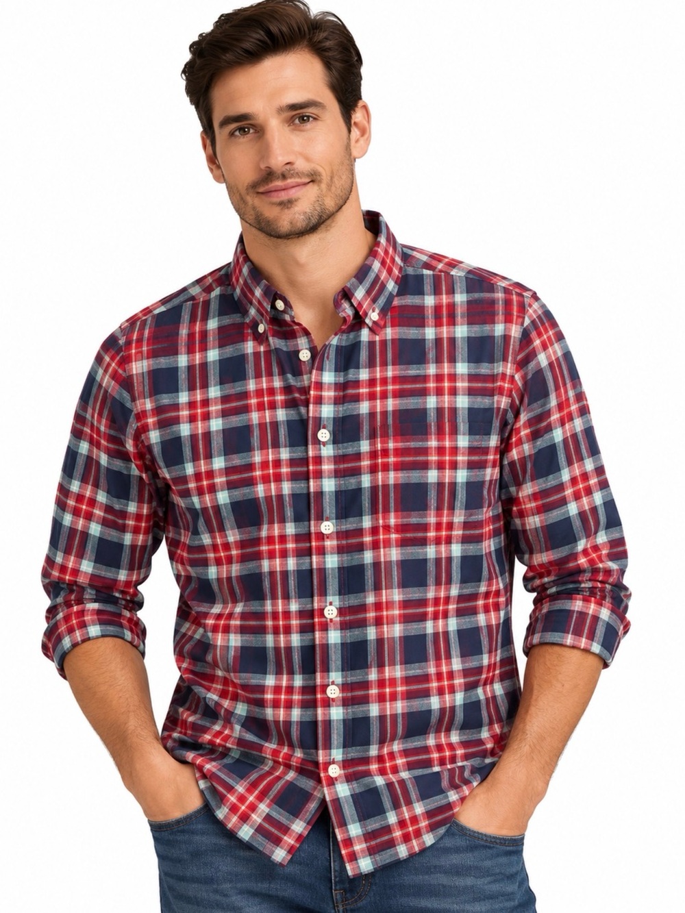 Old Navy Red and Navy Plaid Button-Down Shirt